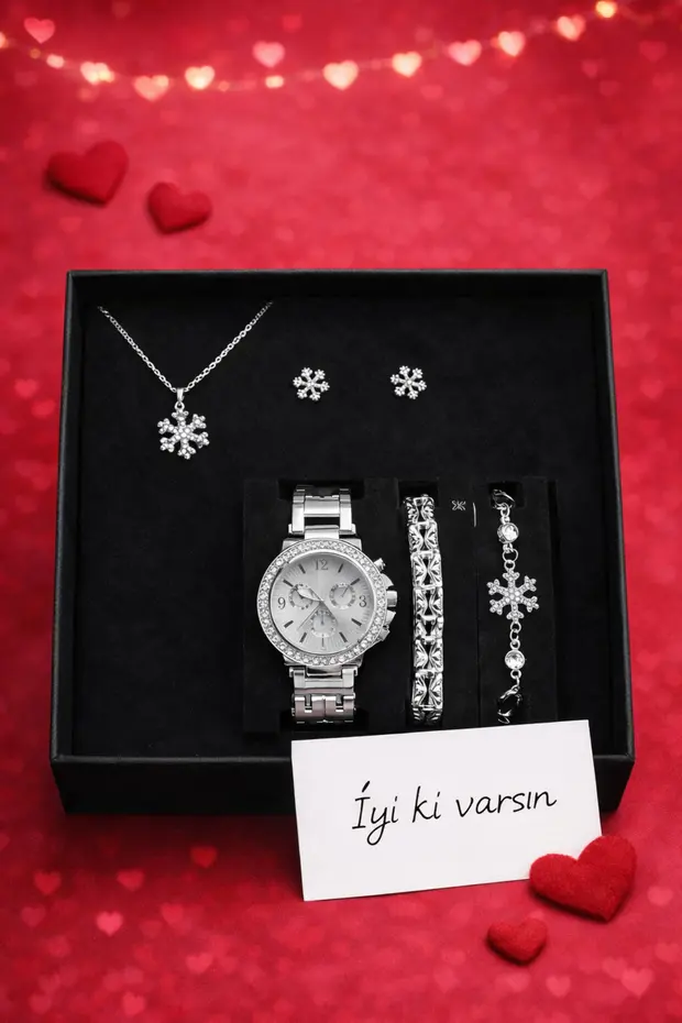 Gümüş Renk Kadın Kol Saati & Kolye Ve Küpe Kombin Hediye Seti